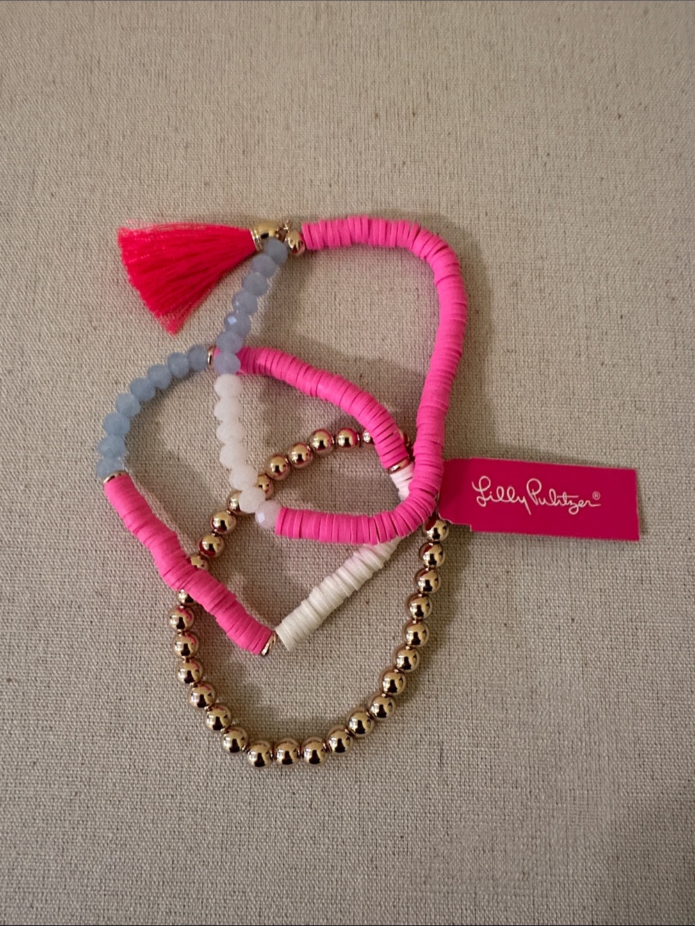 Lilly Pulitzer Pink, Gold, White, Light Blue Beaded Bracelet Stack with Tassel